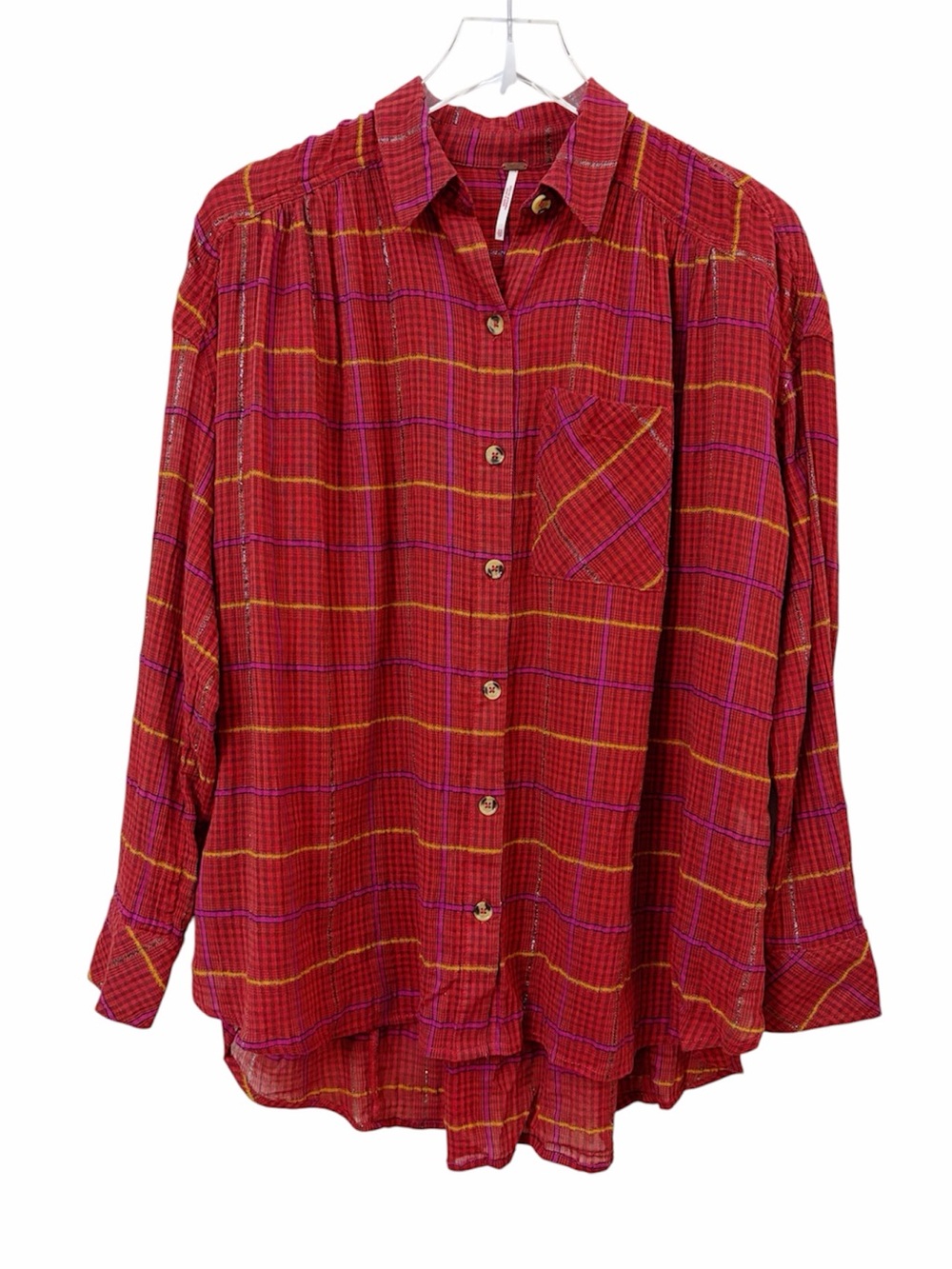 Free People | Gauze Plaid Oversized Button Up Shirt Boho Red